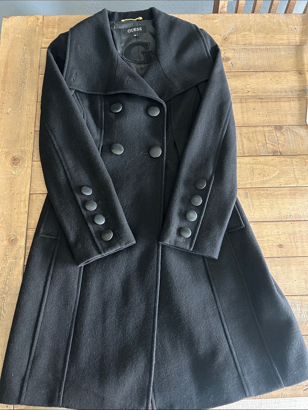 Guess Black Double-Breasted Wool Blend Coat with Flared Skirt